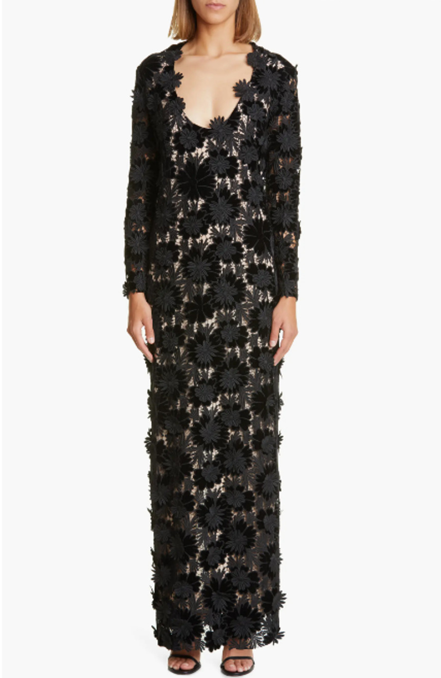 OSCAR DE LA RENTA Womens Velvet Guipure Lace Gown US 8 Black Plunge Neck